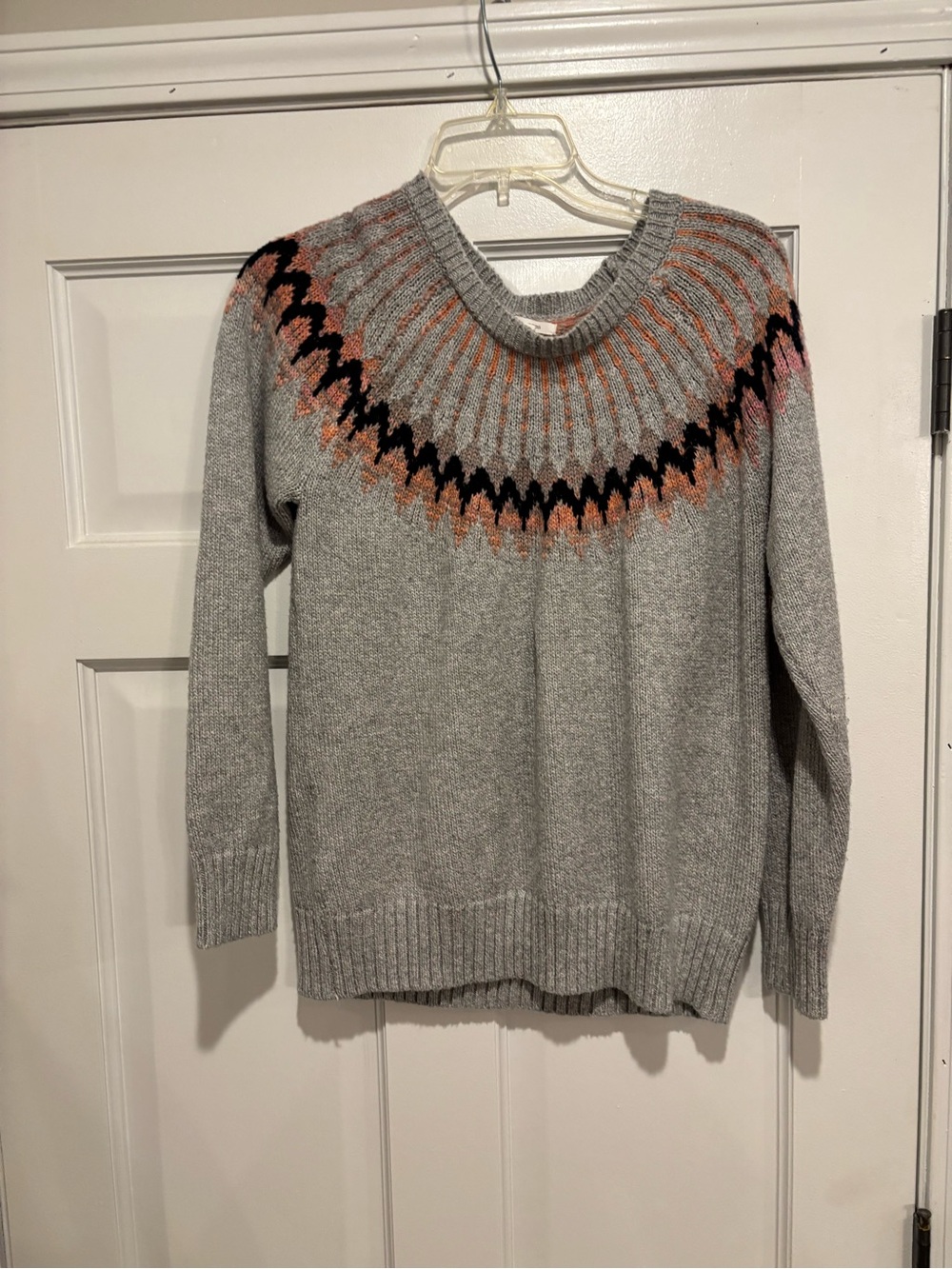 Maurices Gray Crewneck Sweater with Pink, Orange & Black Yoke